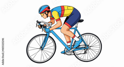 Dynamic cycling action captured: a focused cyclist on a light blue bicycle pedals forward with determination against a pristine white backdrop