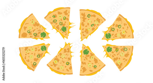 Vibrant Quesadilla Slices Arranged in Circular Design on Crisp White Background Featuring Mouthwatering Cheese and Herbs, Ideal for Culinary Projects