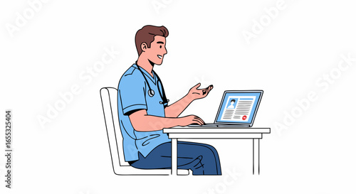 Doctor using laptop for online medical consultation, providing guidance to patients during a telehealth appointment, ensuring health assistance