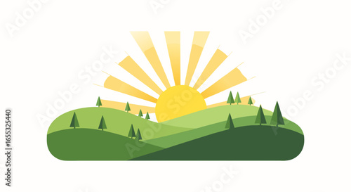 Stylized minimalistic sunrise over rolling hills illustration with scattered evergreen trees serene early morning light vector design concept