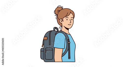 Cheerful woman with backpack, ready for adventure or commute, illustration of girl going on a trip