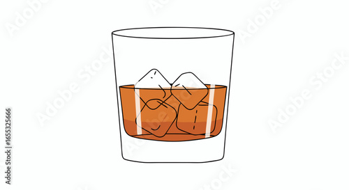Refreshing Whiskey Neat Illustration with Ice Cubes in a Crystal Glass Presentation Style