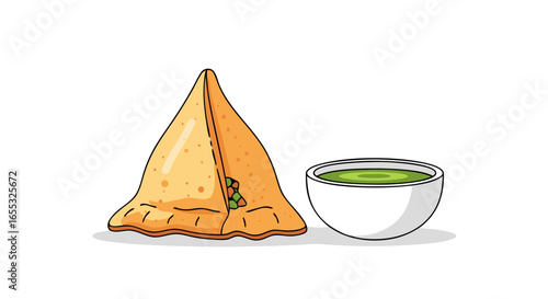 Vibrant vector illustration showcasing a crispy samosa accompanied by a refreshing dipping sauce presentation against a clean background