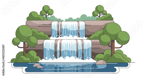 Stylized landscape illustration featuring a vibrant cascading waterfall and lush trees creating a serene and natural scene, a fresh and inviting