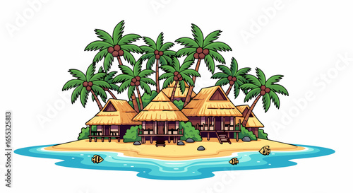 Idyllic Tropical Getaway: Cartoon Island with Thatched Roof Bungalows and Palm Trees Bordered by Turquoise Waters in a Peaceful Setting