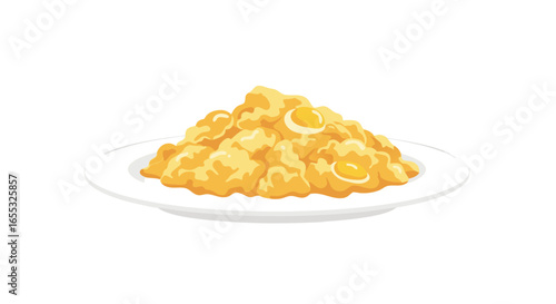 Golden scrambled egg illustration, on a white porcelain plate, offering a comforting and appetizing visual for diverse culinary projects, with a