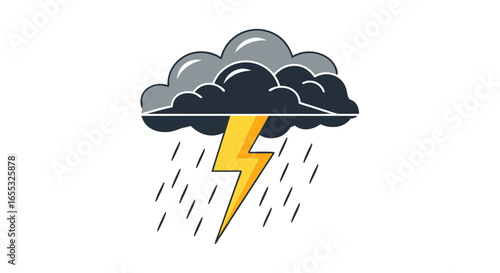Stylized depiction of severe weather featuring a dark cloud, lightning bolt, and rain depicted in a simple and graphic style icon isolated