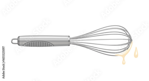 Illustrative kitchen whisk drips with creamy sauce, a symbol for culinary arts, baking, and the preparation of delightful desserts in food related