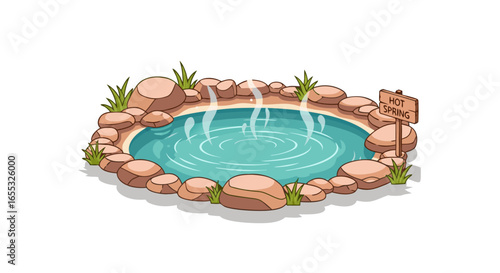 Inviting cartoon hot spring with steaming water and rustic stone border, offering a relaxing and therapeutic spa experience, peaceful retreat ideal