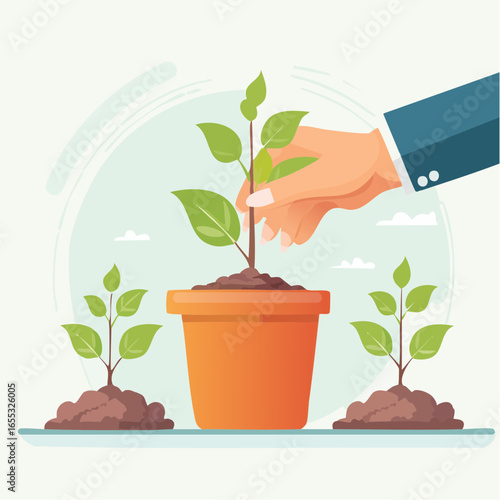 Hand Planting Young Plant In Pot With Growing Sprout