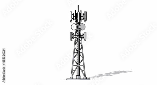 Stylized Illustration of a Communication Tower Emitting Connectivity Signal with Abstract Representation and Geometric Composition