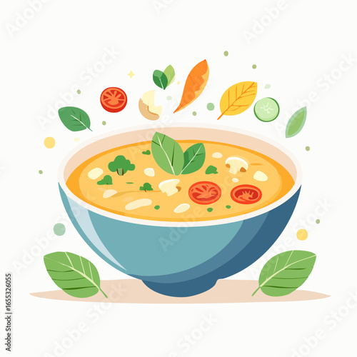 Colorful Vegetable Soup In Blue Bowl Illustration