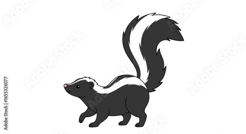 Stylized cartoon skunk with fluffy tail striding confidently on white background character design for animation or mascot with distinct black and