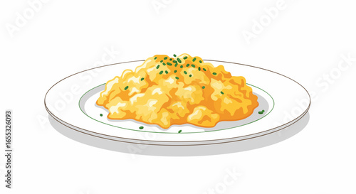 Delightful vector illustration showcasing a plate of fluffy scrambled eggs garnished with fresh chives on a white surface