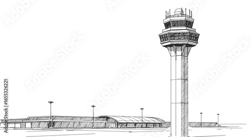 Vintage ink sketch Air traffic control tower near the terminal building - doodle black and white vector illustration on white background, engraving woodcut style svg