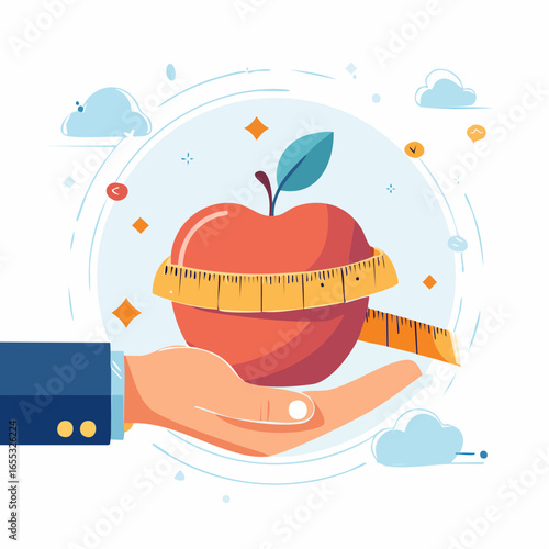 Hand Holding Apple Measured By Tape Measure Illustration