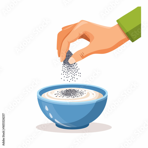 Hand Sprinkling Poppy Seeds On Yogurt In Blue Bowl
