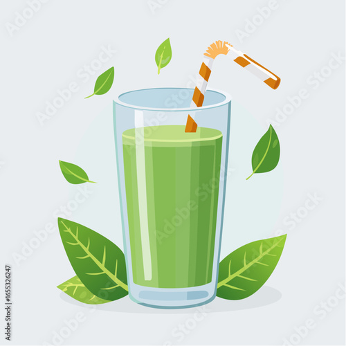 Green Smoothie In Glass With Straw And Leaves