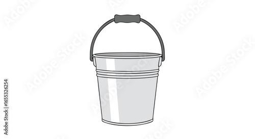 Isolated illustration of a silver metallic pail with a gray handle for versatile use cases such as cleaning or construction
