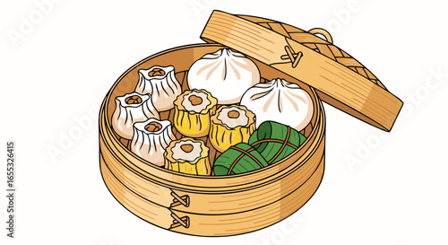 An intricate illustration showcasing an authentic bamboo steamer filled with an assortment of delectable Asian dumplings meticulously arranged with