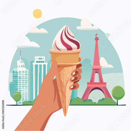 Hand Holding Ice Cream Cone In Paris Cityscape