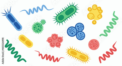 Diverse Collection of Microorganisms and Bacteria in Various Shapes and Colors Displayed on a White Backdrop