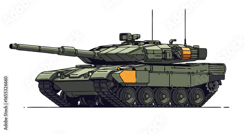 Detailed illustration of a modern main battle tank with a distinctive olive green camouflage pattern and sharp black outlines representing advanced