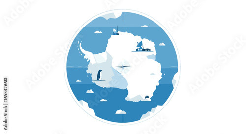 Antarctica exploration and research visualization featuring a penguin, base station, and radar, portraying the continent's remote scientific