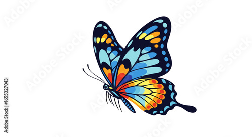 Vibrant butterfly with multicolored wings gracefully isolated on a clean white background delicate pattern and lively hues highlight its beauty