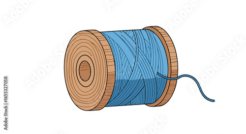 Illustration showcasing a wooden spool with neatly wound blue thread and a loose end detailing the craft's essence, showcasing the art of sewing