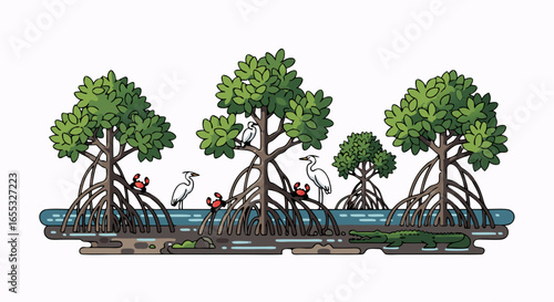 Lush mangrove ecosystem illustration featuring coastal trees, wading birds, crabs and an alligator creating a serene tropical wildlife scene