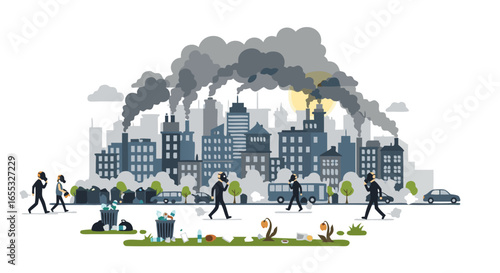 Environmental pollution in urban areas represented by smog and urban waste in city sceneries, global warming vector illustration showing pollution