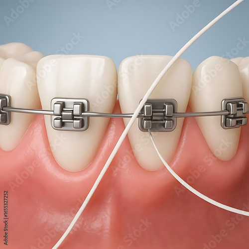 Dental floss cleaning braces process. Medically accurate 3D illustration of oral hygiene.