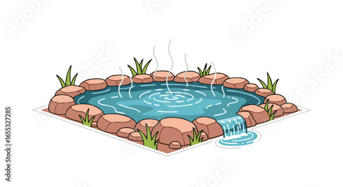 Tranquil Cartoon Hot Spring with Rock Border and Mini Waterfall Design Element