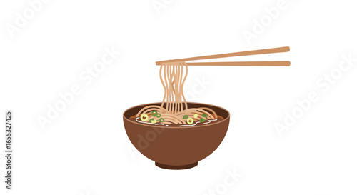 Delightful noodle bowl with chopsticks illustration, showcasing a culinary experience featuring classic Asian cuisine in a simple and appetizing