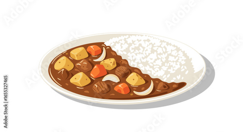 Delicious plate of japanese curry with rice, potatoes, carrots, onions and meat in rich brown savory gravy offering a comforting and flavorful
