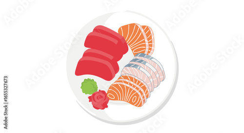 Delicate presentation of assorted sashimi cuts elegantly arranged on a pristine white plate, minimalis food illustration, appealing visual culinary