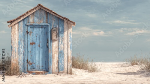 Weathered blue beach hut sits on a sandy shore with a sea and sky background