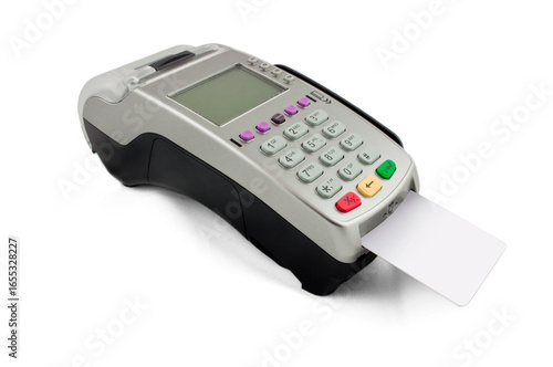 Terminal para cobro con Tarjeta de crédito, sobre fondo blanco
