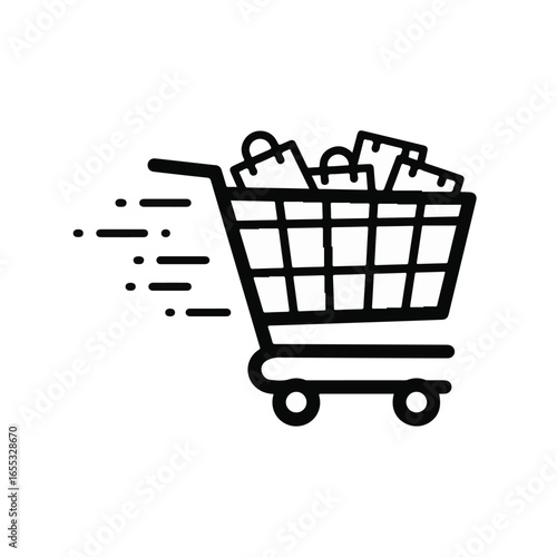 Fast shopping cart overflowing with purchases, vector icon showcasing rapid delivery and consumerism, perfect for e-commerce and retail promotions