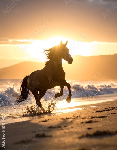 Majestic horse running on beach at golden sunset