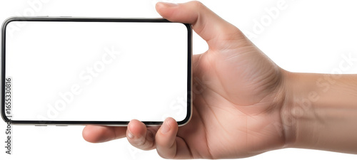 Human hand holding a modern smartphone horizontally with a blank white screen isolate Mobile Device Technology