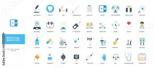 Modern flat style medical devices icons collection for healthcare, hospitals, clinics, and medical education, perfect for infographics and web design isolated on white background vector illustration