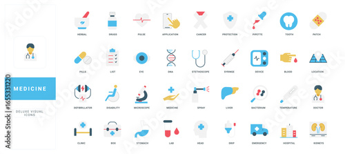 Modern flat style medical icons with clear titles for healthcare, hospital, and pharmaceutical design projects isolated on white background vector illustration