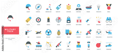 Modern flat style military tech icons including weapons, vehicles, equipment, and symbols for defense, security, and strategy concepts isolated on white background vector illustration