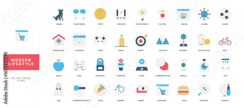 Flat style icons representing modern lifestyle concepts like technology, shopping, food, and communication isolated on white background vector illustration