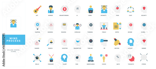 Colorful flat icons representing mind process, creativity, thinking, and productivity for business, education, and innovation projects isolated on white background vector illustration