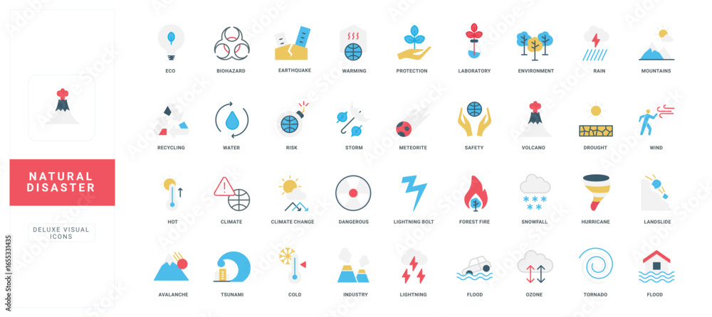 Fototapeta premium Flat style icons representing natural disasters, hazards, and environmental risks for education, emergency planning, and awareness resources isolated vector illustration