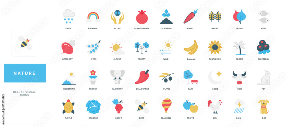 Fototapeta premium Colorful flat nature icons with clear titles for educational, infographic, or web design use, featuring animals, plants, weather, and food isolated vector illustration