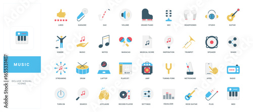 Colorful flat music icons including instruments, audio devices, and app symbols perfect for web, app, and creative design use isolated vector illustration